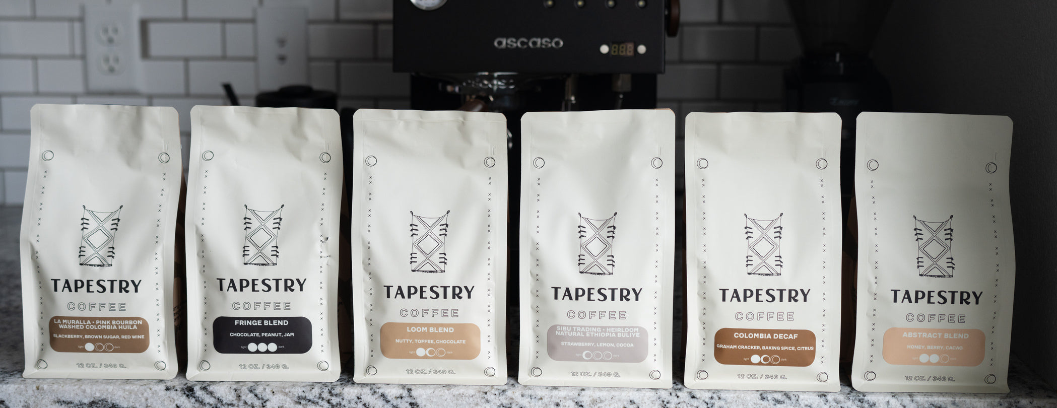 bags of tapestry coffee on kitchen counter