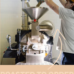 A person in a white t-shirt and yellow cap pours coffee beans into a large stainless steel coffee roaster in a workshop setting. A beige banner at the bottom reads 'ROASTED TO ORDER'.