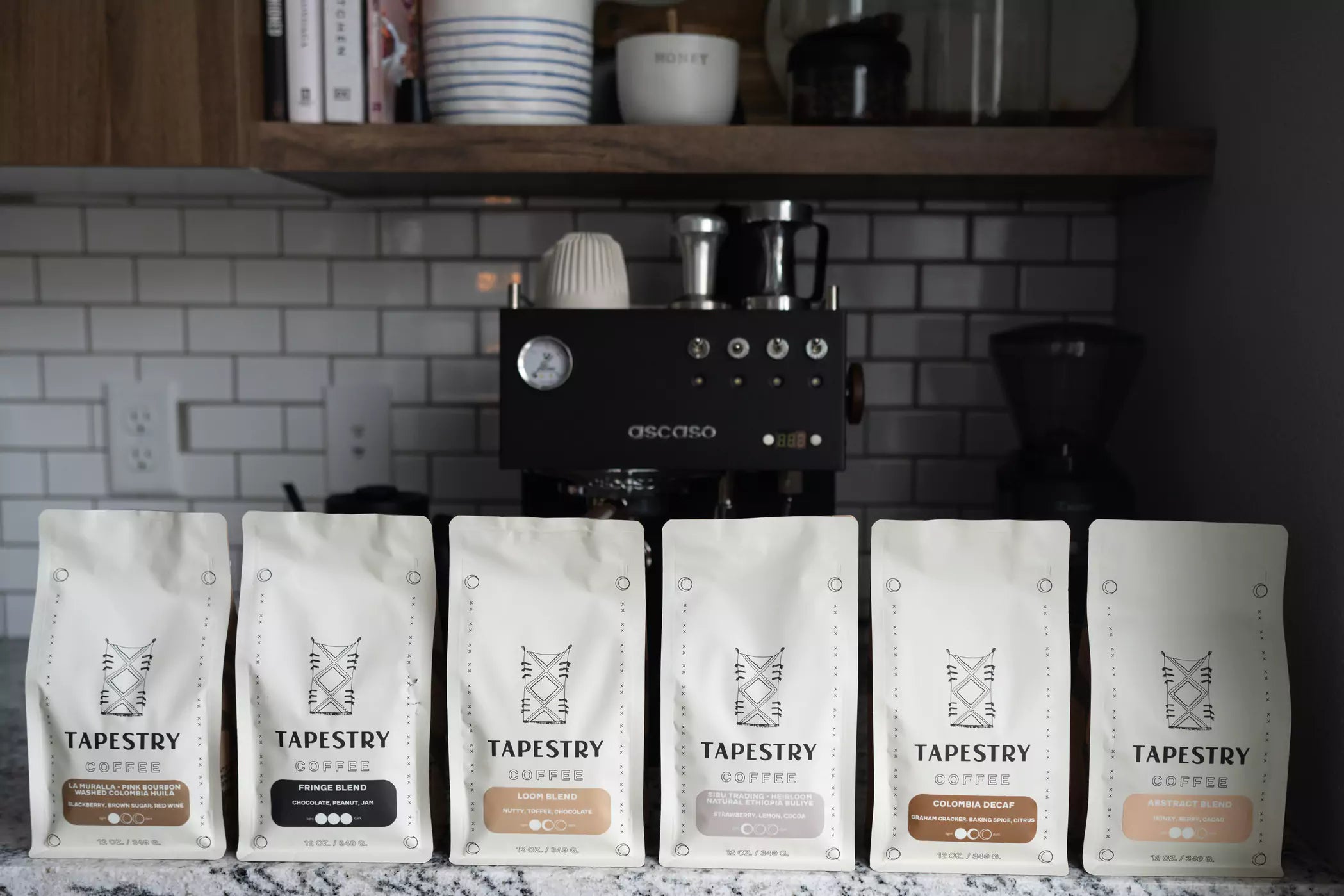 bags of tapestry coffee on kitchen counter