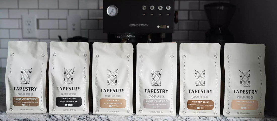 bags of tapestry coffee on kitchen counter