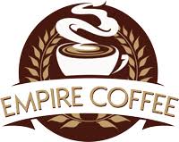 Empire Coffee logo with a cup of coffee and leaves on a brown background