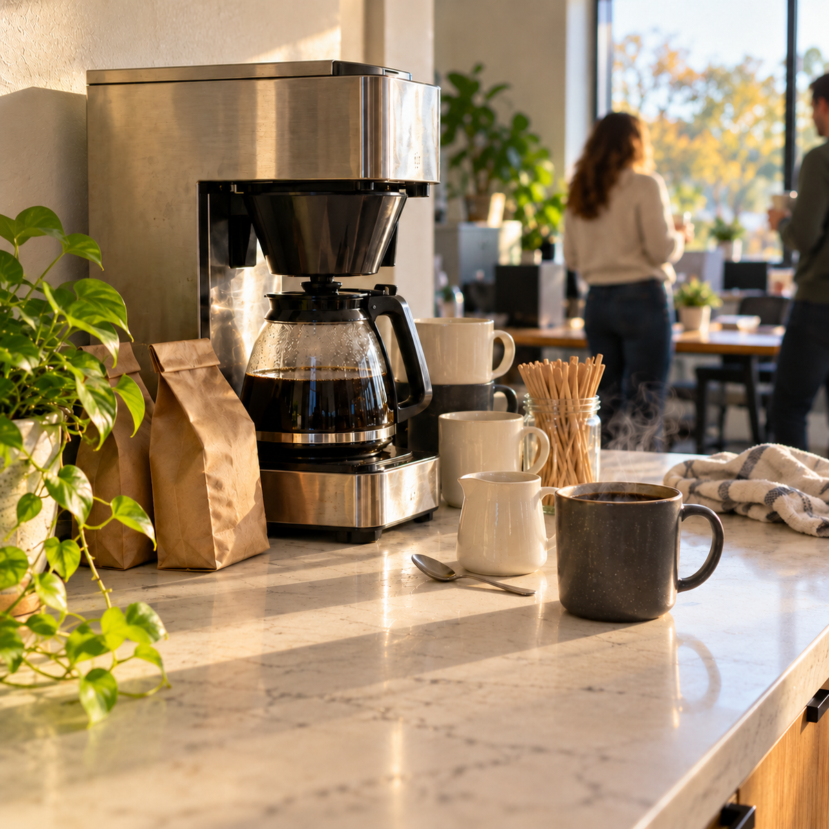 Office coffee station with a fresh pot of coffee, mugs and bags of coffee in a sunny break room